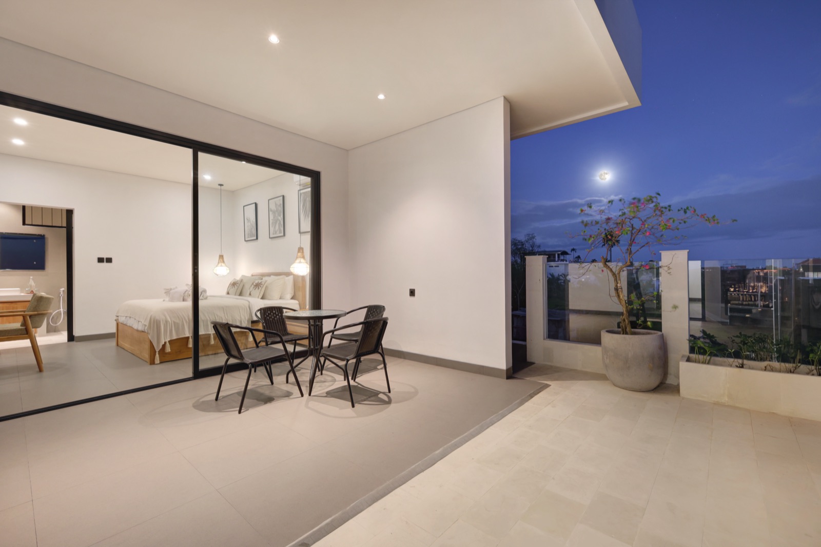 Outdoor terrace seating area in the evening